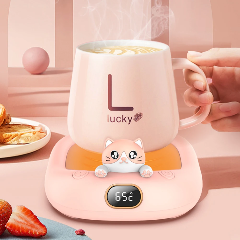 65 Degree Cartoon Cat Heating Coaster 8H Auto Shut Off 220V Coffee Warmer Plate Cup Heating Pad for for Office and Home Desk Use