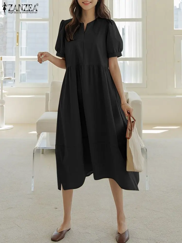

ZANZEA V-neck Fashion Vestidos Holiday Puff Sleeve Dresses Loose Solid Color Midi Dress Women Casual Pleated Tiered Elegant Robe
