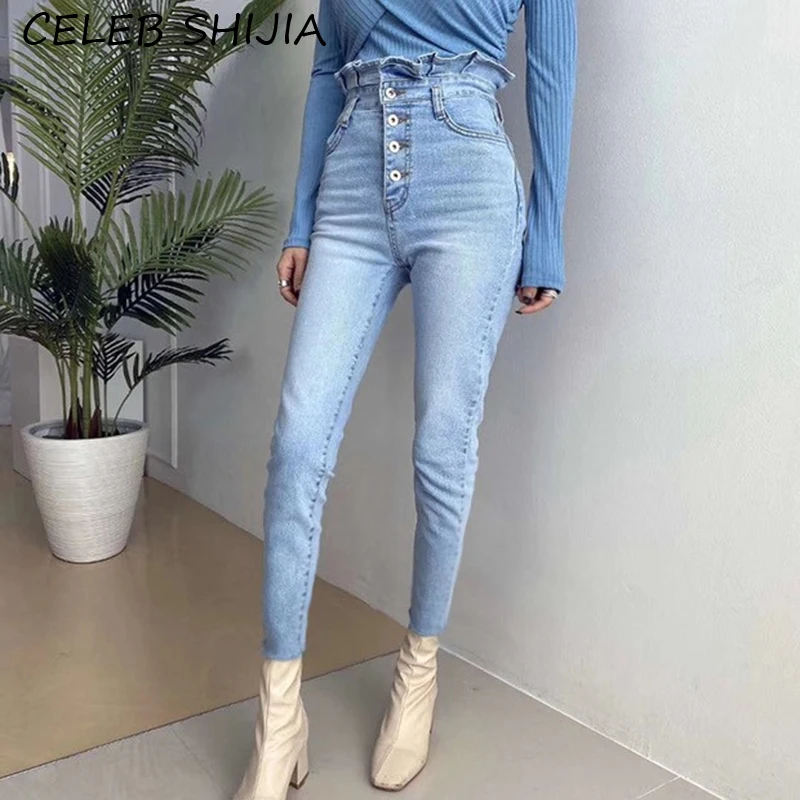 

SHIJIA 2023 New Summer Blue Skinny Jeans Women Single-breasted Elastic Denim Pencil Pants Streetwear High Waist Ruffle Jeans