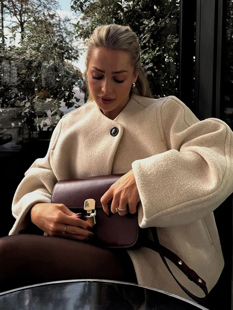 Elegant Solid One Buttons Women Woolen Coat Fashion O-neck Long Sleeve Short Jackets 2024 Autumn Female Chic High Street Outwear 6
