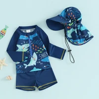 3Pcs Toddler Boys Rash Guard Swimsuits Cute Fish Print Long Sleeve Zip Up Bathing Suit Swimwear Beachwear Summer Clothes 3