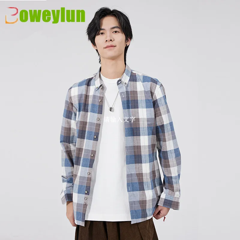 Boweylun 100% Cotton Large Plaid Casual Shirt Men Skin-friendly and Comfortable Loose Youth Gradient Long Sleeve Shirt