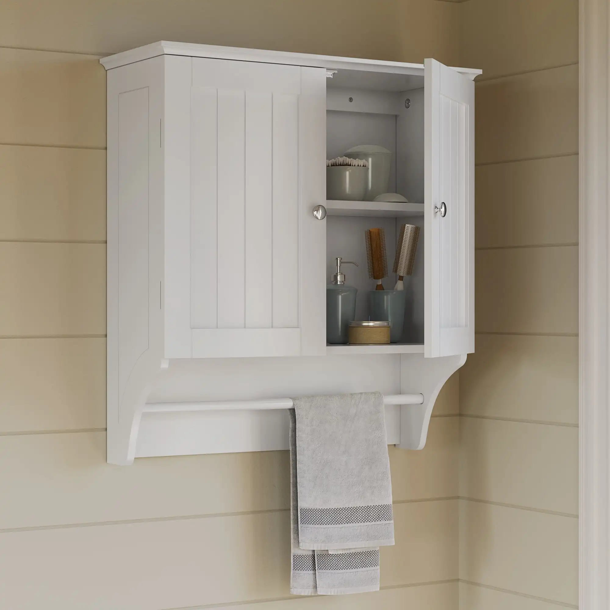 

RiverRidge Home Ashland Collection 2 Door Wall Mounted Storage Cabinet with Towel Bar, White