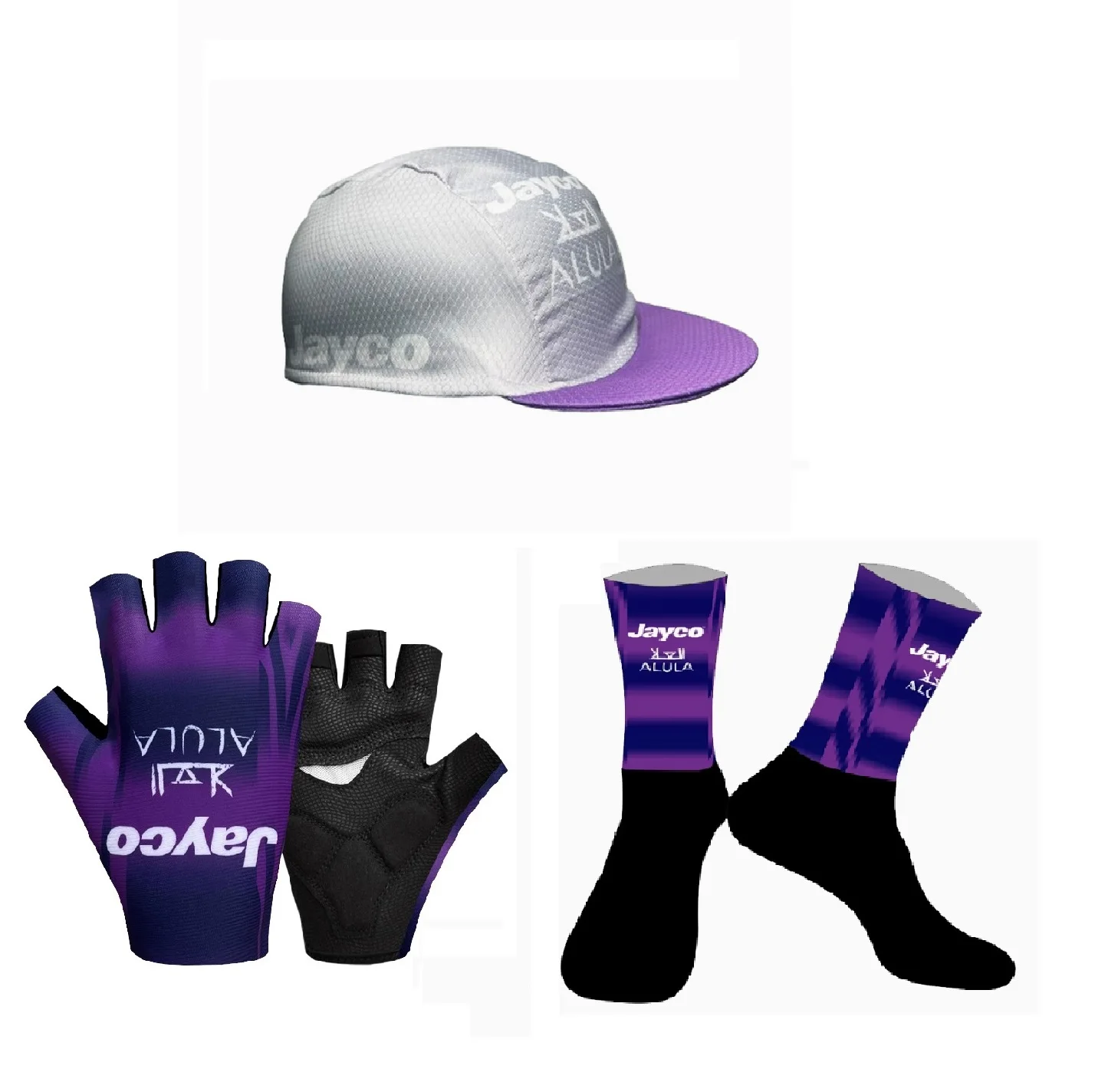 2025 2026 Jayco AlUla TEAM One Pair Half Finger Cycling Gloves + ONE PAIR CYCLING SOCKS+Polyester Caps_voghion.com