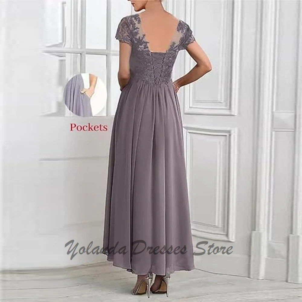Modern 2 Piece Mother of The Bride Dresses Jacket Half Sleeves Appliques Lace Formal Evening Gown Pockets Ankle Length