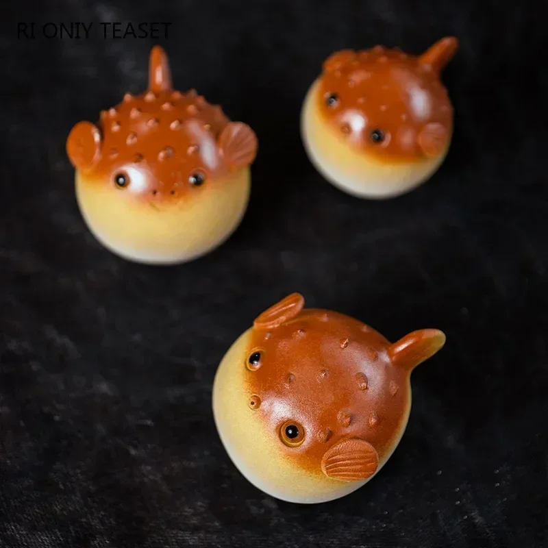 Yixing Purple Clay Tea Pet Handmade Pufferfish Statue Ornaments Animal Tea Figurine Sculpture Crafts Chinese Set Decors Art tea pet ornaments