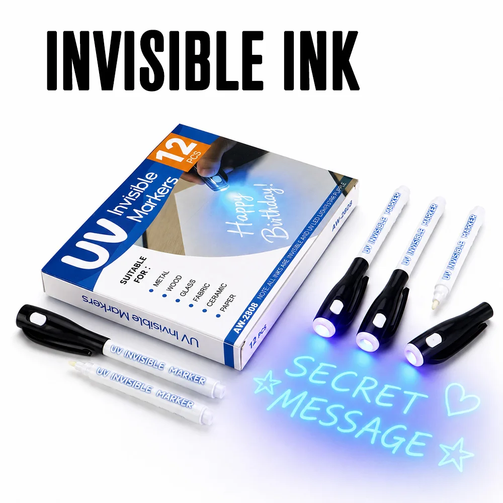 12 Pcs UV 보이지 않는 잉크 펜 UV 라이트 사라지는 마커 완벽한 공예 만들기 메모 기록 낙서 일일 문구 용품