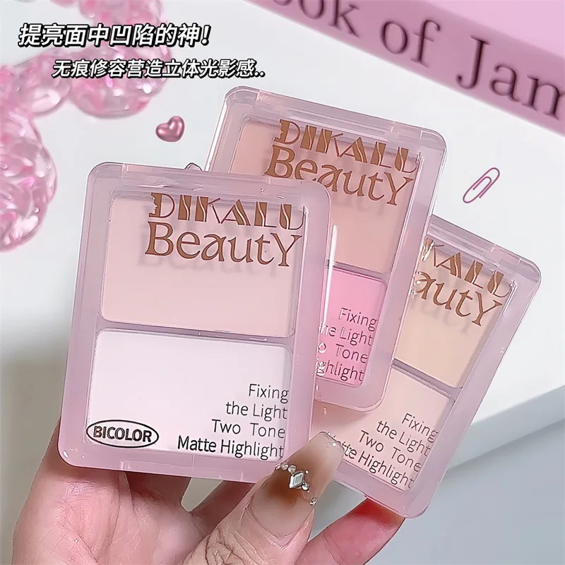 Description Picture 4 of itemTwo-tone Highlight Contour Palette Matte White Highlighter Grey Brown Nose Shadow Face Contouring Bronzer Brighten Powder Makeup