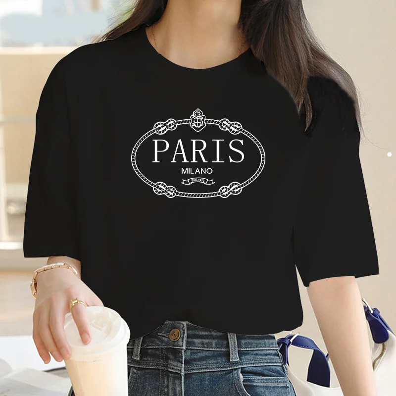 Sailor collar clothing fashion Paris pattern Print short sleeve T-shirt Women summer Y2K short sleeve top