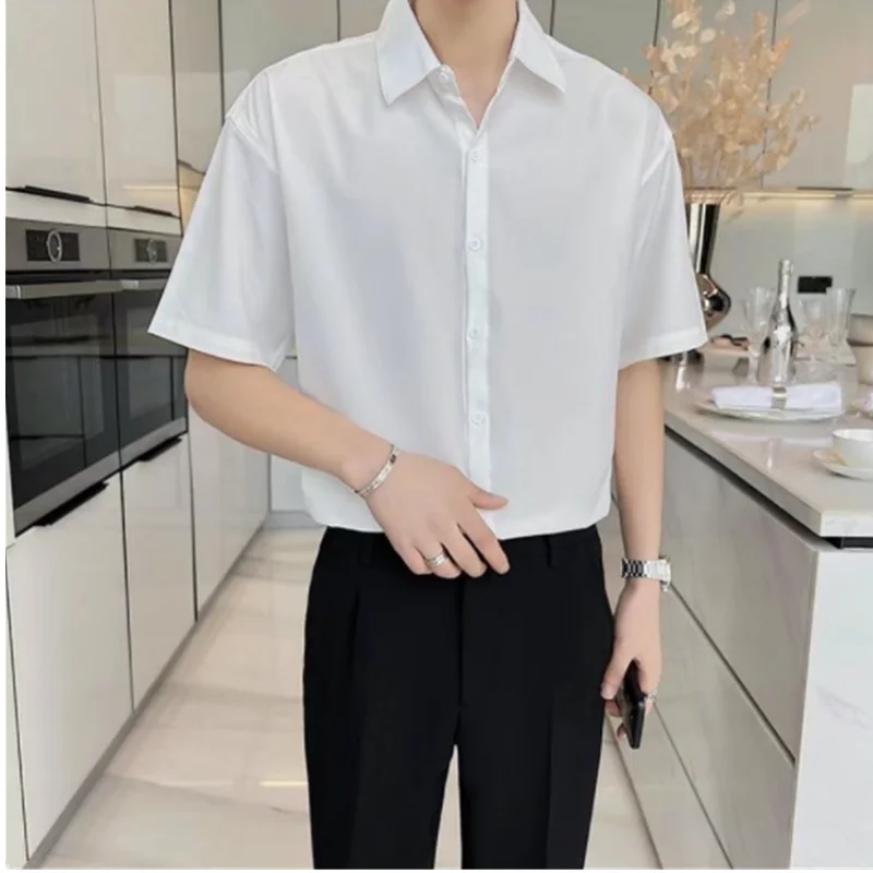 Men's shirt Solid short sleeved lapel shirt Simple and handsome Loose fitting business casual summer men's clothing E0010