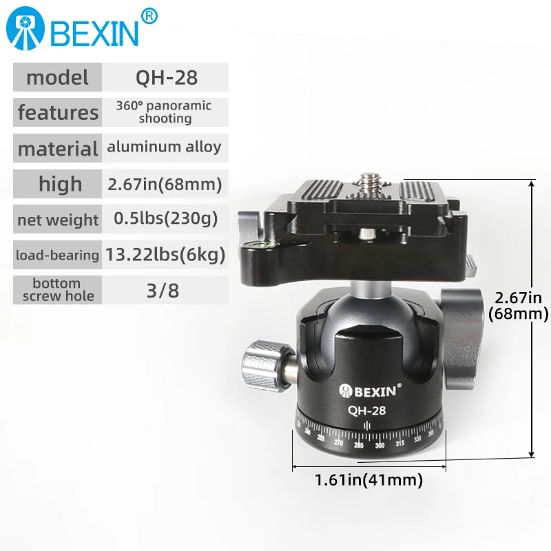 BEXIN DSLR 카메라 볼헤드 삼각대, 알루미늄 합금 사진 볼헤드 삼각대, 3 인치, 8 인치 나사, 360 도 회전, LH28, LH32