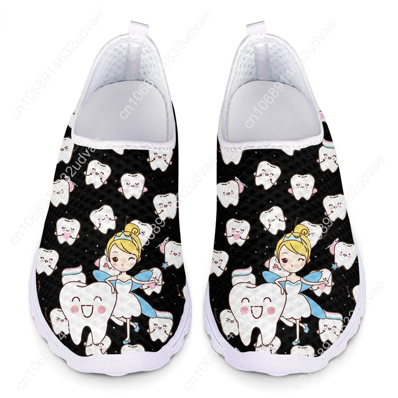 Women Mesh Slip on Shoes Breathable Sport Sneaker for Ladies Dental Tooth Print Cute Girl Walking Shoes
