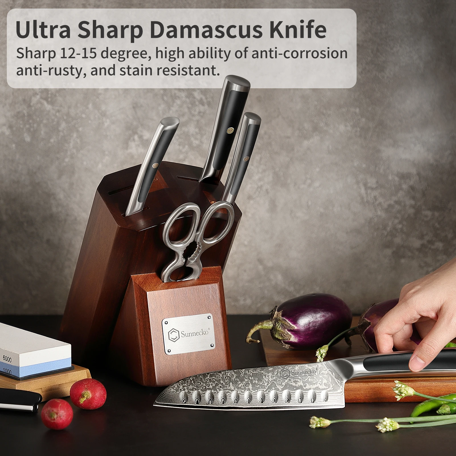 

Sunnecko Block Knives Set High Carbon Damascus Steel Blade Cutter Utility Santoku Chef's Slicing Paring Knife Kitchen Tools