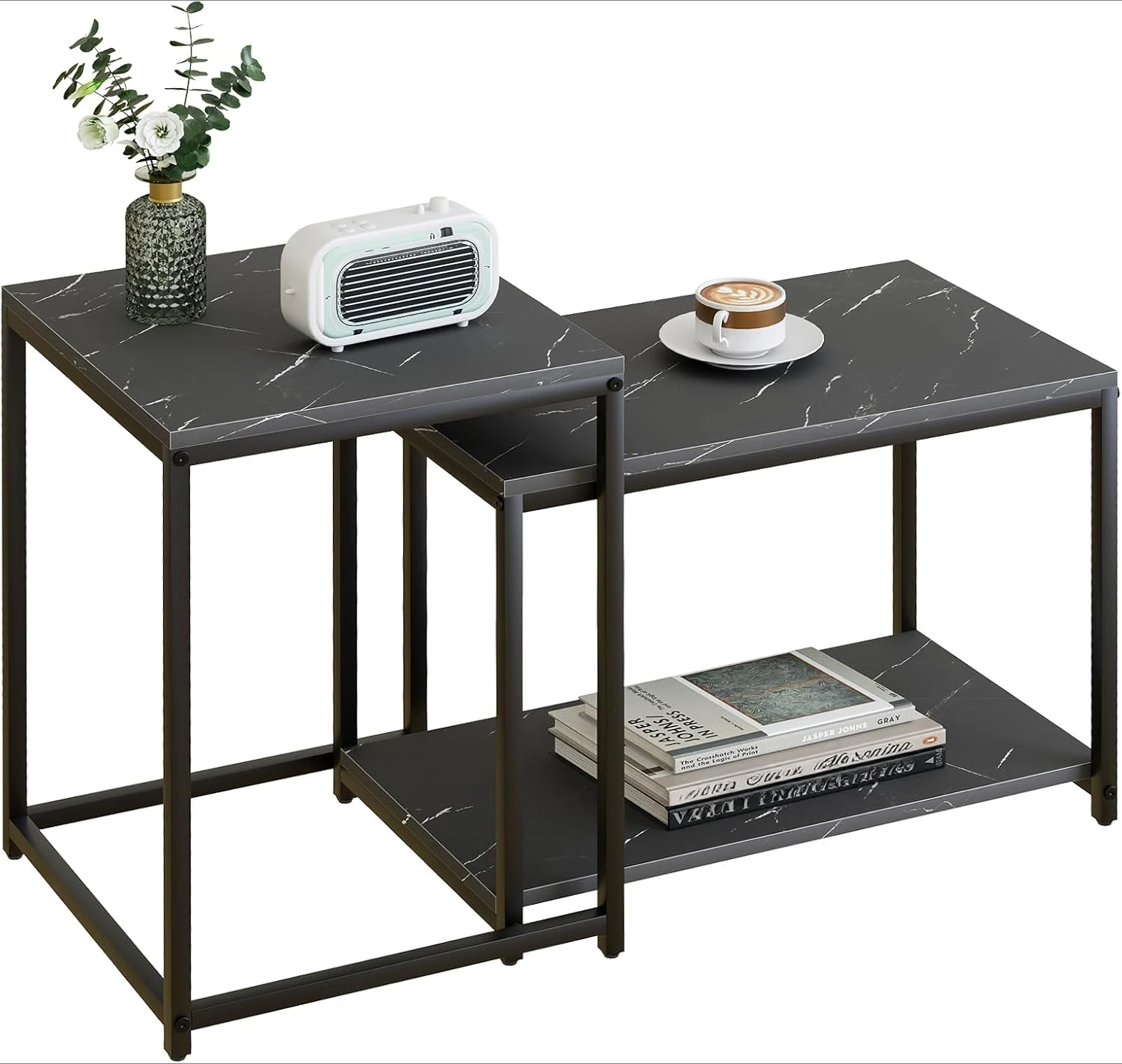 Coffee Table , Modern Design for Living Room & Bedroom, Faux Marble Center Table with Storage, Set of 2 Nesting Side Tables 2