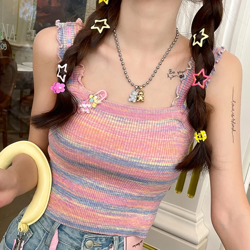 

Милая полосатая трикотажная кофта GIDYQ для женщин, корейская мода, Радужный Трикотажный жилет, шикарные эластичные укороченные майки с оборками и открытыми плечами