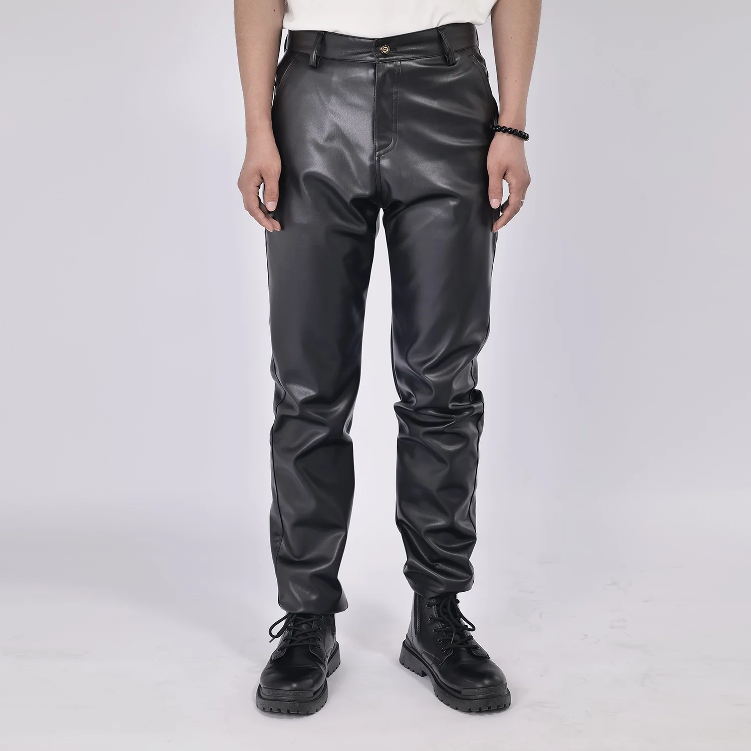 Autumn/Winter Men's New High Waist Straight Tube PU Leather Pants Warm Oil Proof Wind Proof Moisture Casual Pants
