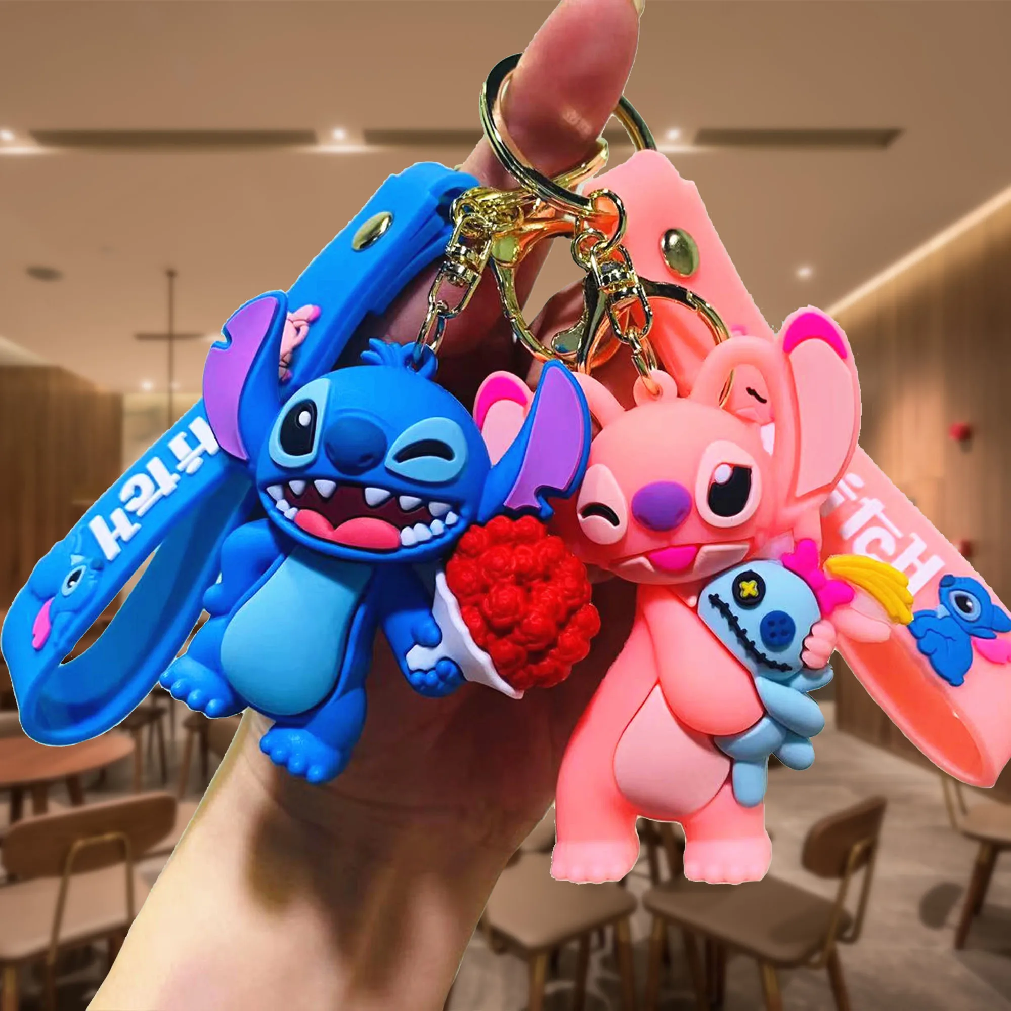 Anime Keychain Disney Mickey Mouse Minnie Lilo & Stitch Doll Keyring Ornament Car Pendant Kid Toys Gifts