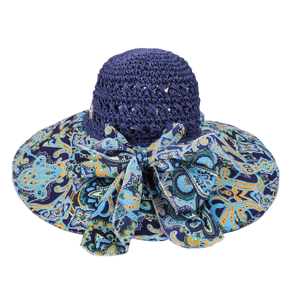 Frauen Frühling Sommer breite Krempe Falt strohhut für Strand urlaub Dame böhmischen Stil Blume Sonnenschutz kappe mit Fliege neu – Detail 18