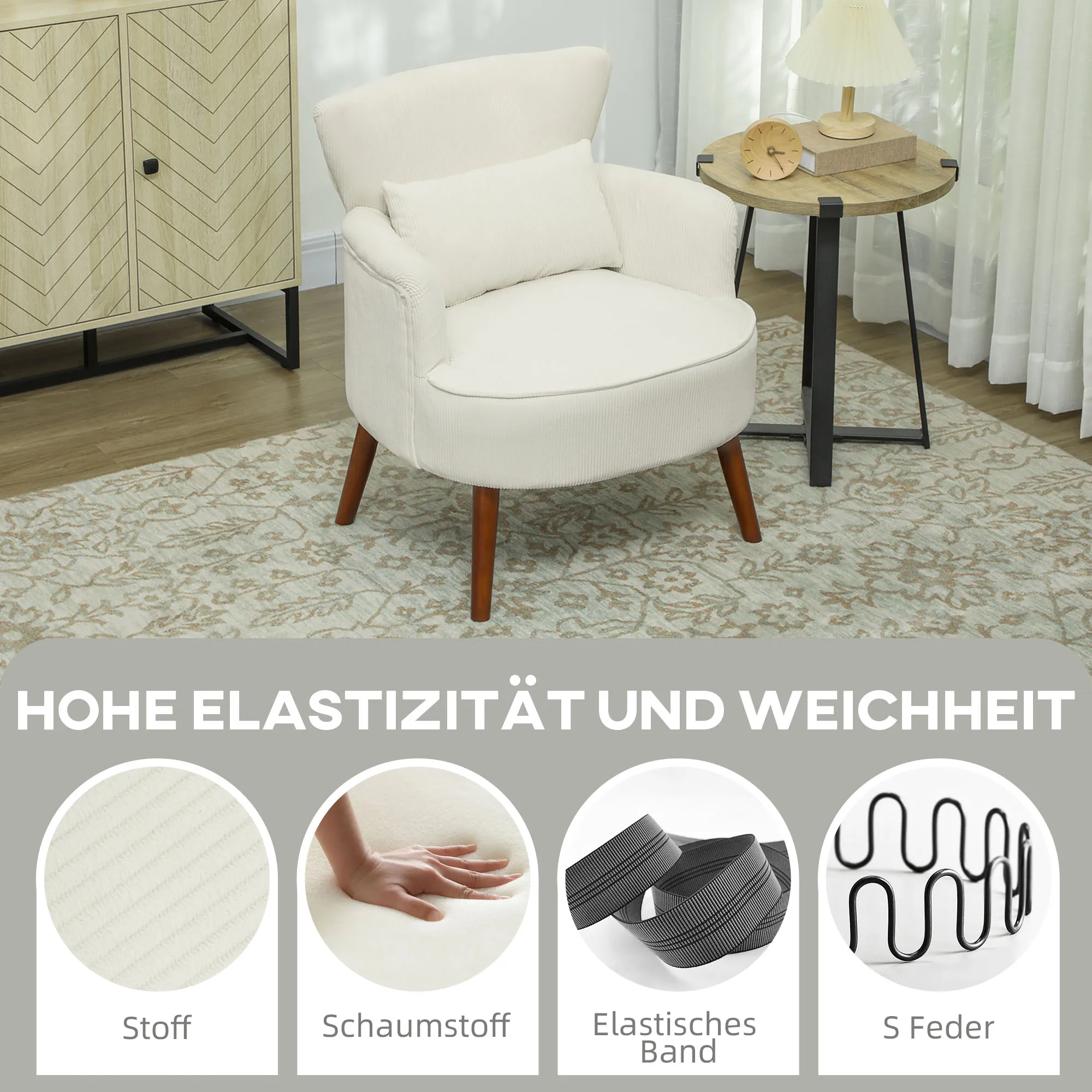 Sessel mit Rückenlehne, abgerundete Armlehnen, gepolsterter Loungesessel mit Cordoptik, Holzbeine, für Schlafzimmer, bis 120 kg – Detail 4