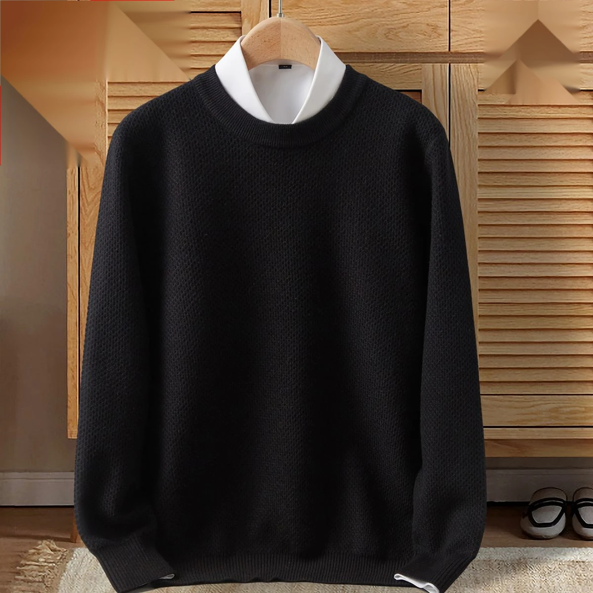 100% Cachemira Engrosada Otoño e Invierno Moda Ordos City Suéter de Lana Jersey con Parte Inferior para Ropa de Hombre_voghion.com