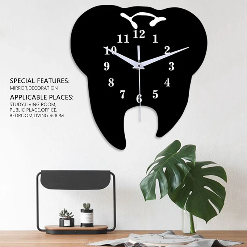 Timelike Creative Tooth-Shaped Wall Clock  Ornament Wall Clock 3D Acrylic Creative Mirror Wall Sticker Home Decor images - 6