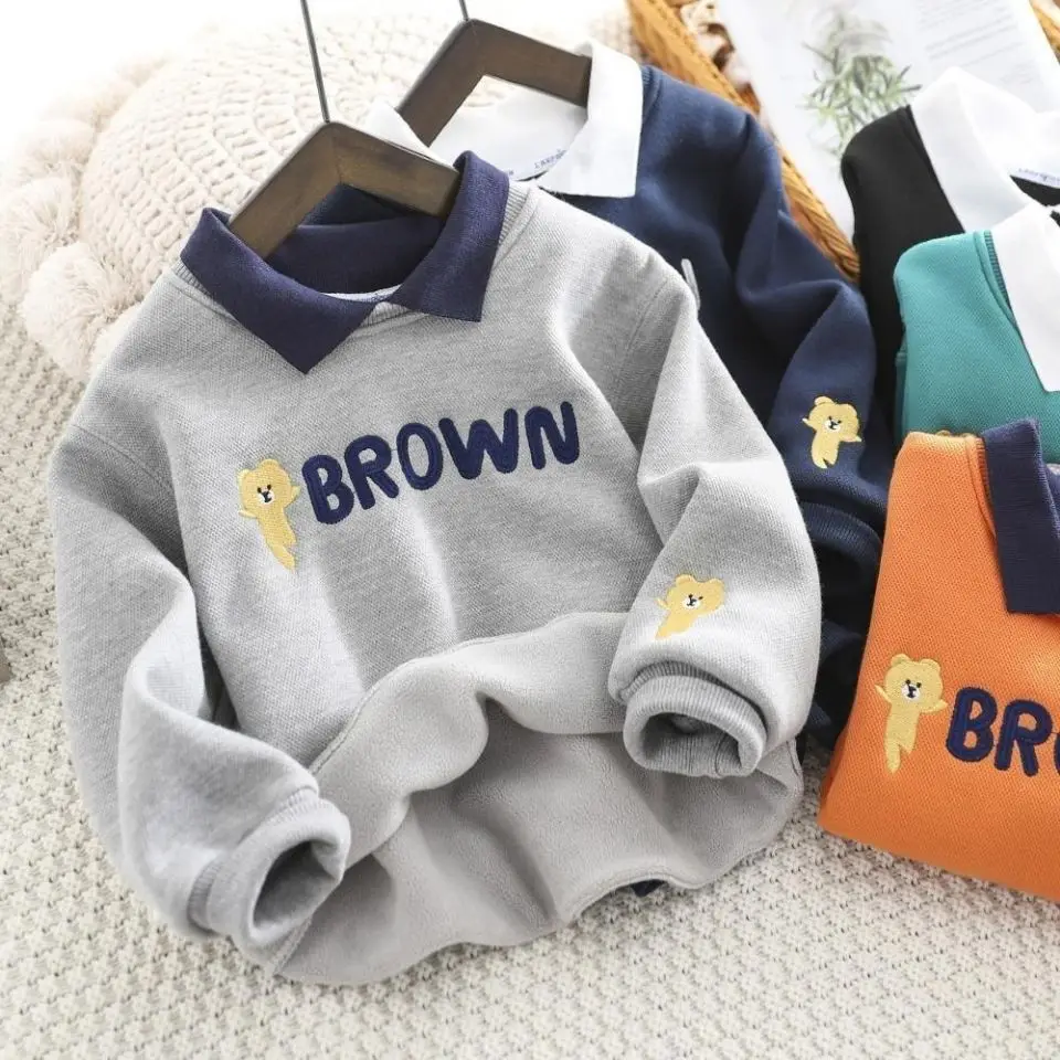 

Boys' Fleece-Lined Sweater 2022 Autumn and Winter New Children's Casual Western Style Polo Shirt Thickened Warm Base Top