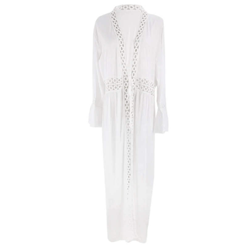 

Women Long Sleeve Swimsuit Cover Up Hollow Out Lace Maxi Long Beach Cardigan