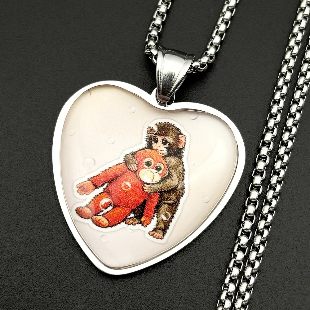 Y2K Affen-Puppe Herzanhänger Halskette Niedlicher Ästhetischer Schmuck Retro Cartoon Edelstahl Glaskette Hip-Hop Geschenk