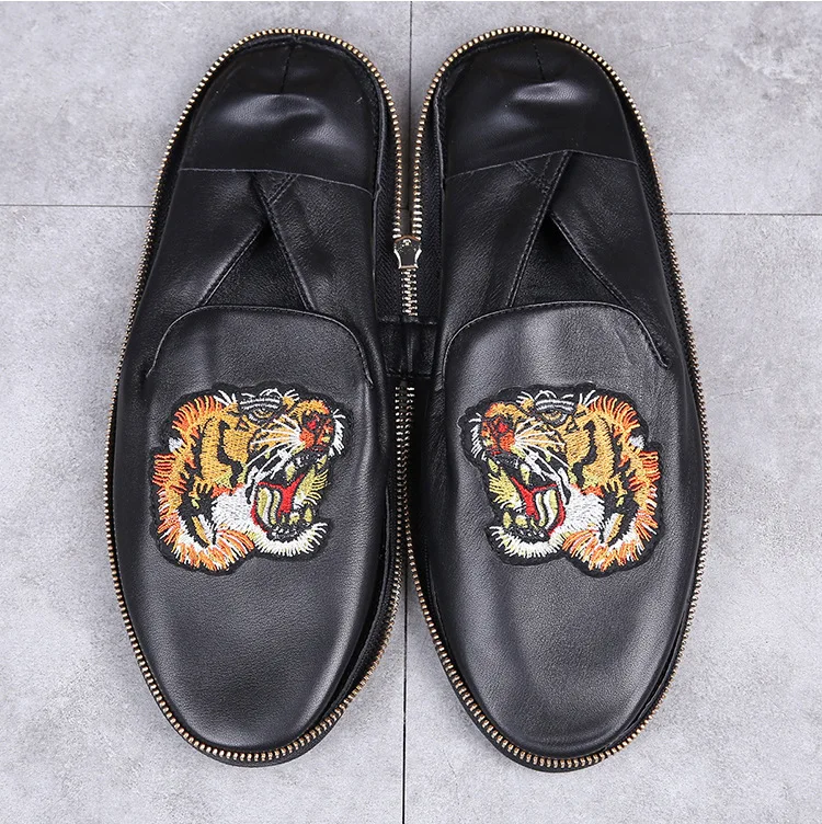 Men's Genuine Leather Braid Shoes Comfortable Black Zipper Wallet Shoes British Korean Breathable Portable Travel Casual Shoes