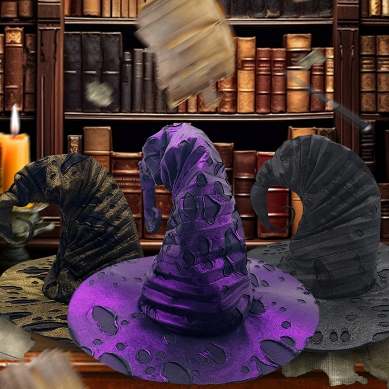

Adult Teen Halloween Witch Hat Stage Performances Wizard Hat with Tattered Hole Dropship