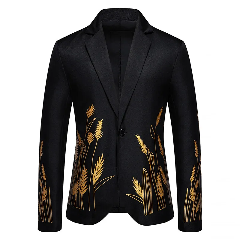 New Fashion Wheat Ear Hot Stamping Print Mens Suit Coat Spring Casual Business Wedding Suit Single Buckle Party Coat Office