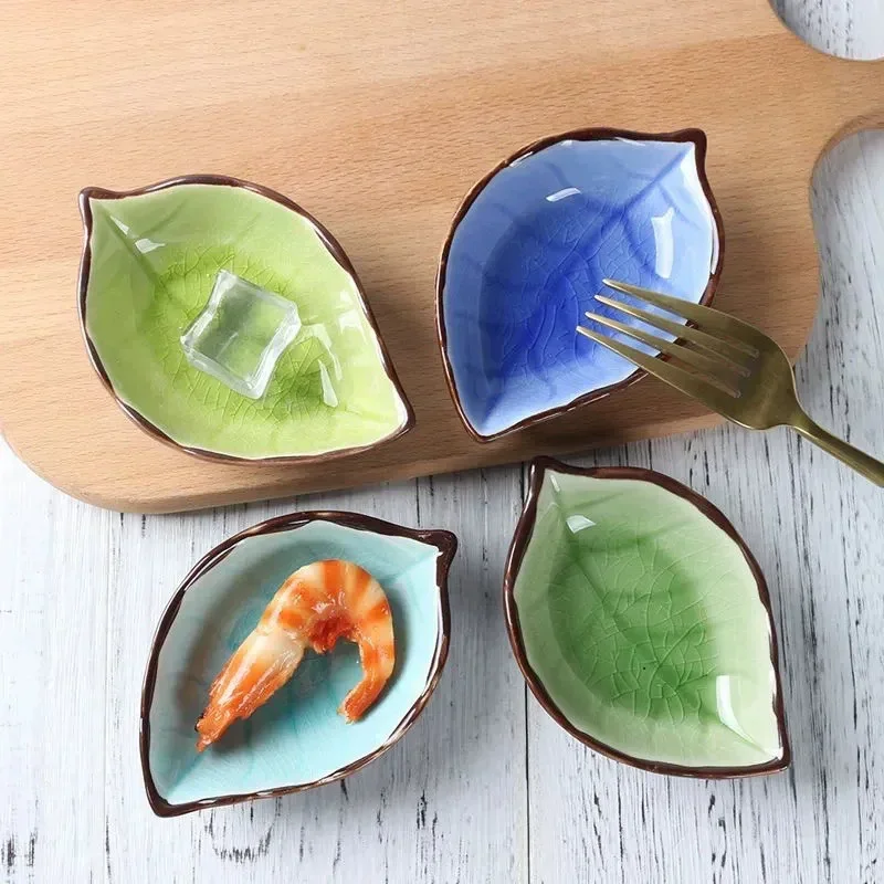 1/4PCS Leaves Ceramic Saucer Creative Ice Crack Glaze Leaf Ceramic Seasoning Soy Sauce Vinegar Plates Kitchen Multi-Purpose Dish