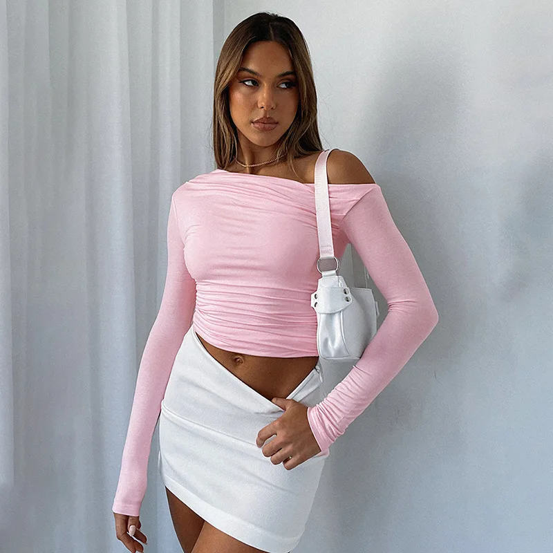 

Autumn ins new solid color slanted shoulder long sleeved pleated exposed navel top T-shirt