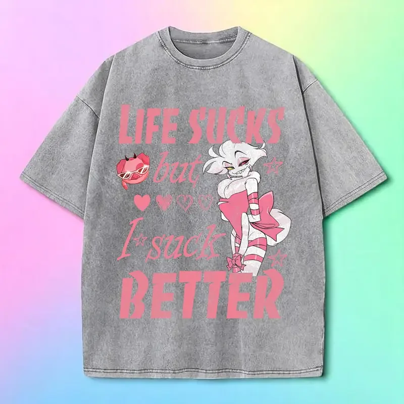 Anime Hazbin Hotel Angel Dust T-Shirt für Männer und Frauen, Gothic Vintage Washed Oversized T-Shirt, Kurzarm Baumwoll-Tops – Detail 3