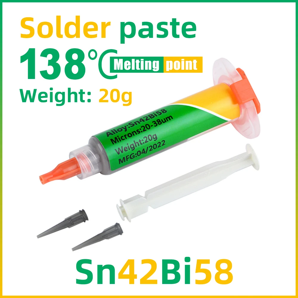 Low Temperature Solder Paste Lead-free Syringe Melting Point 138℃ SMD Repair Low Temperature Solder Paste Sn42Bi58 brass welding rod