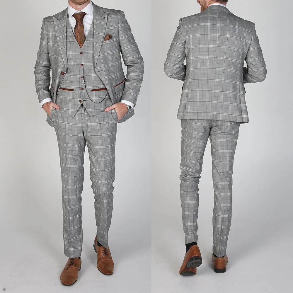New Men's Suit 3 Pieces Blazer Pants Buckle Work Wool Wear Checkered Wedding Prom Costume Size Color Made