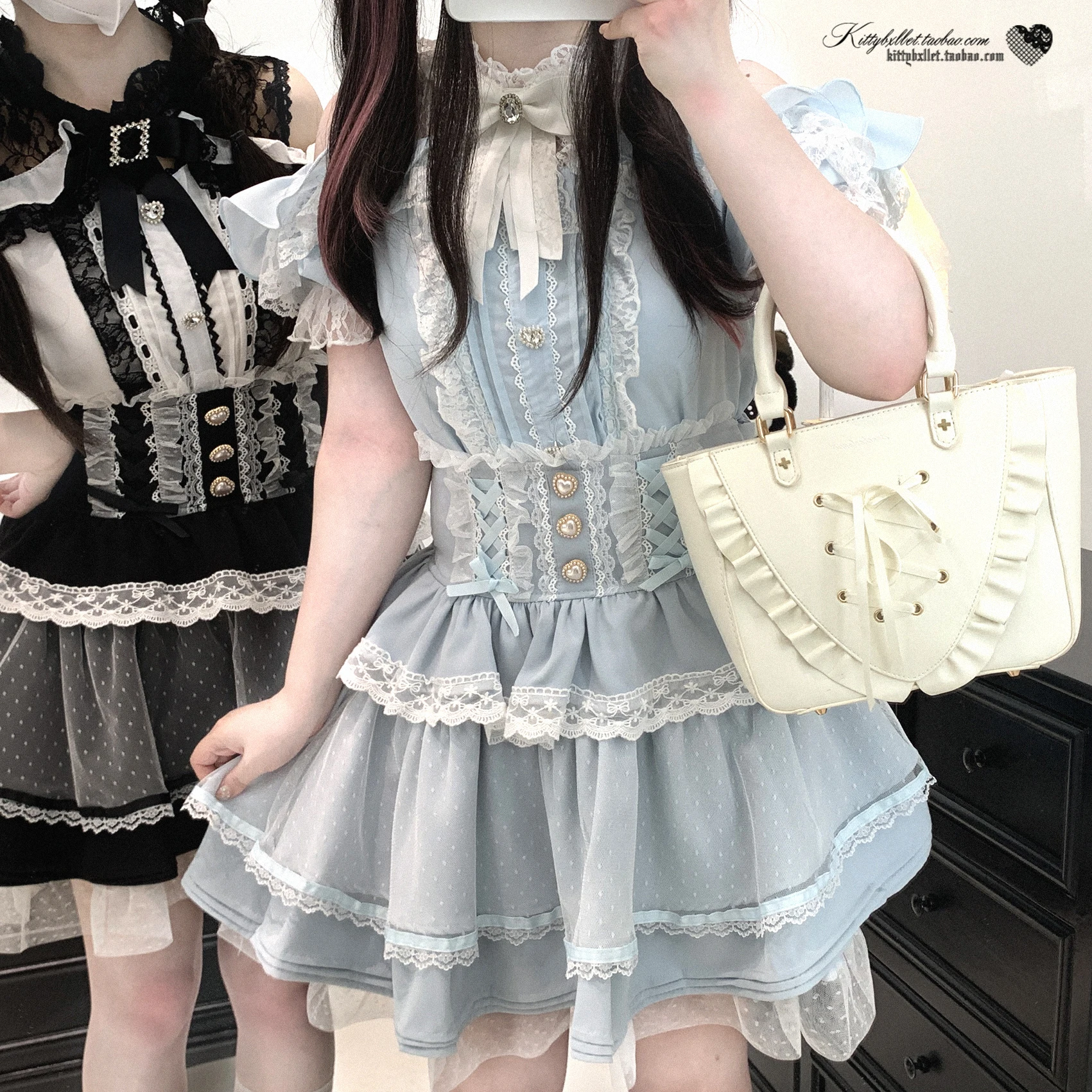 Original Japanese Mines Style Lace Patchwork Puffy High Waist Heart Buckle Bow Sweet Versatile A-line Short Skirts Women Summer