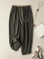 Retro commuting pants, Korean version, minimalist style, cotton linen wide leg casual pants, women's loose hanging straight leg - Image 3