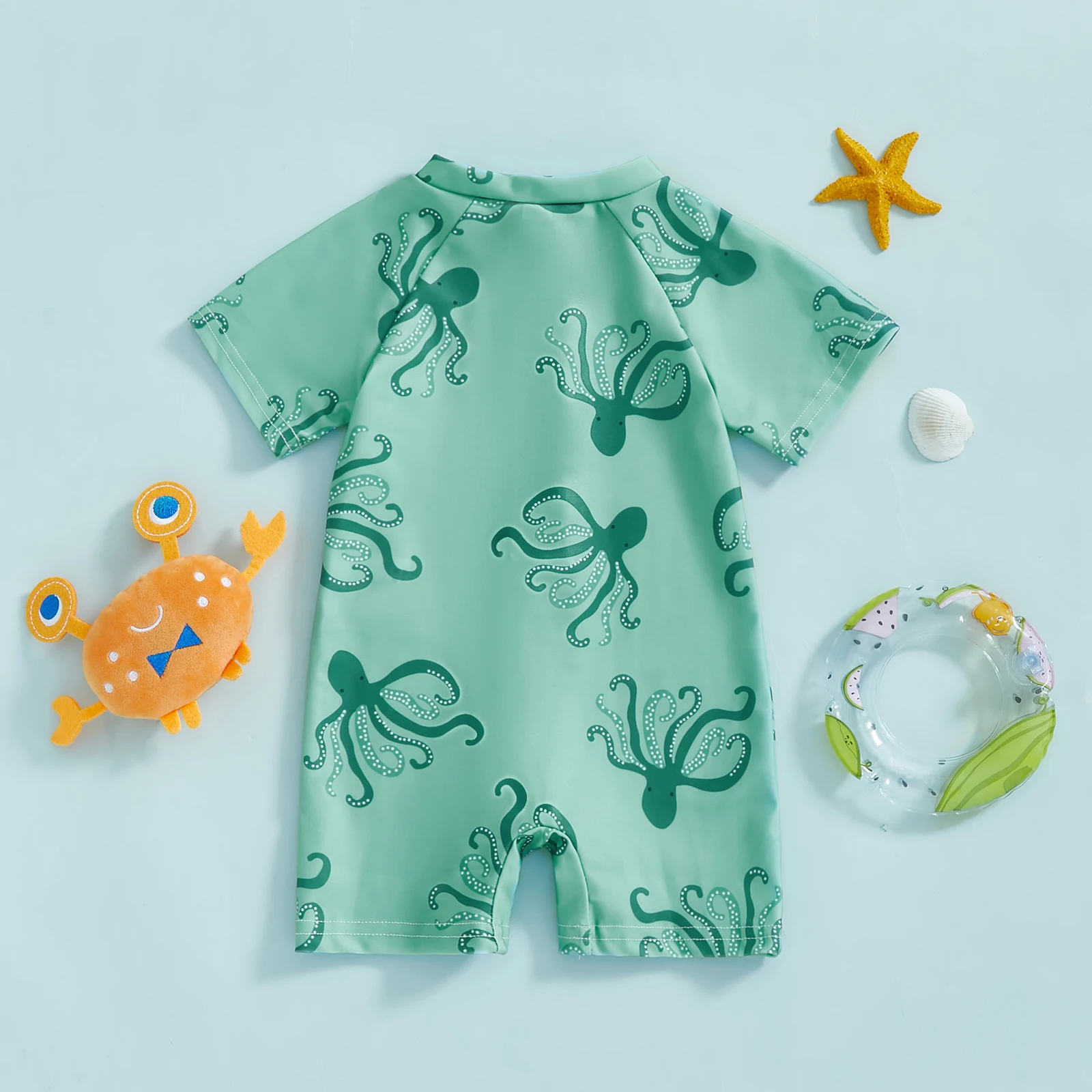 MISOWMNJOY Summer Children Boys Rash Guard Swimsuit Cute Octopus Print Zip Up Short Sleeve Baby Boys Swimwear Bathing Suit 3