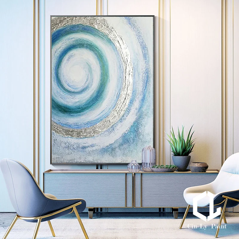 

Абстрактная картина маслом на холсте ручной работы, Скандинавская Серебряная спиральная круглая Толстая текстурная картина, современное настенное искусство для декора гостиной