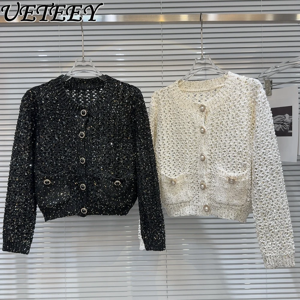 

Spring 2024 New Pearl Drill Buckle Long Sleeve Cropped Sweater Coat Bright Silk Hollow-out Hook Flower Knitted Cardigan