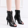 Woman Beige Black Latin Dance Booties Women Open Toe Lace Up Stiletto Bootie for Girls Suede Sole High Heel Dance Boots Shoes 6