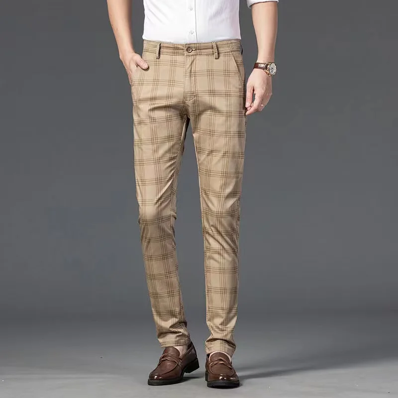 Summer Thin Mens Striped Plaid Pants New Business Casual Pants Slim Fit Straight Stretch Trousers Fashion Male Pants