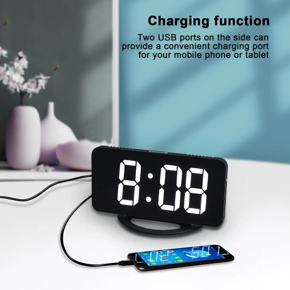LED Digital Alarm Clock Mirror Surface Light Sensing 3 Adjustable Brightness Clock with Dual USB Ports despertador digital wall clock