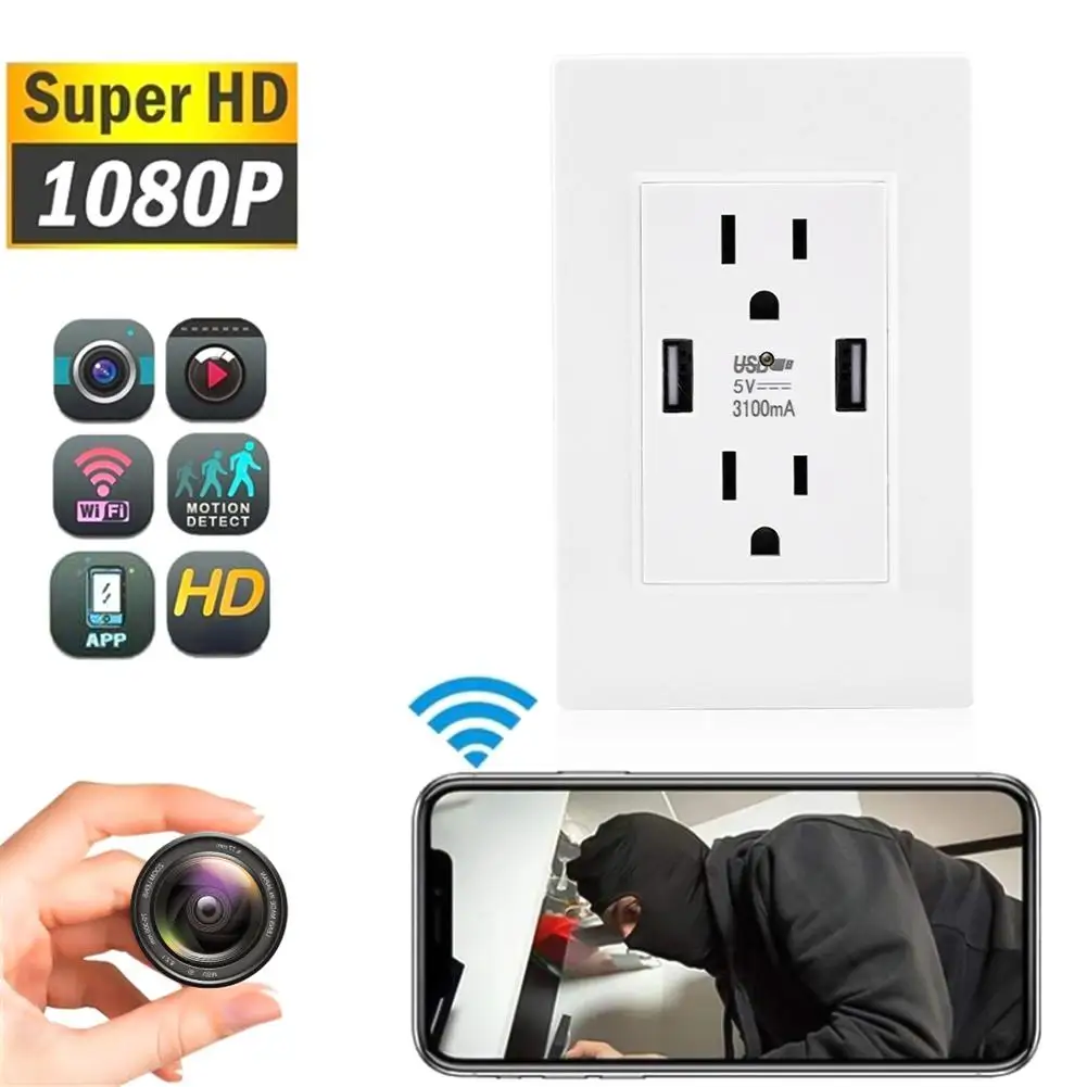 krijgen koolstof bespotten 1080p Hd Mini Camera Wifi Wall Socket Camcorder Motion Detection Dual Usb  Power Wall Outlet Camera US Plug - AliExpress