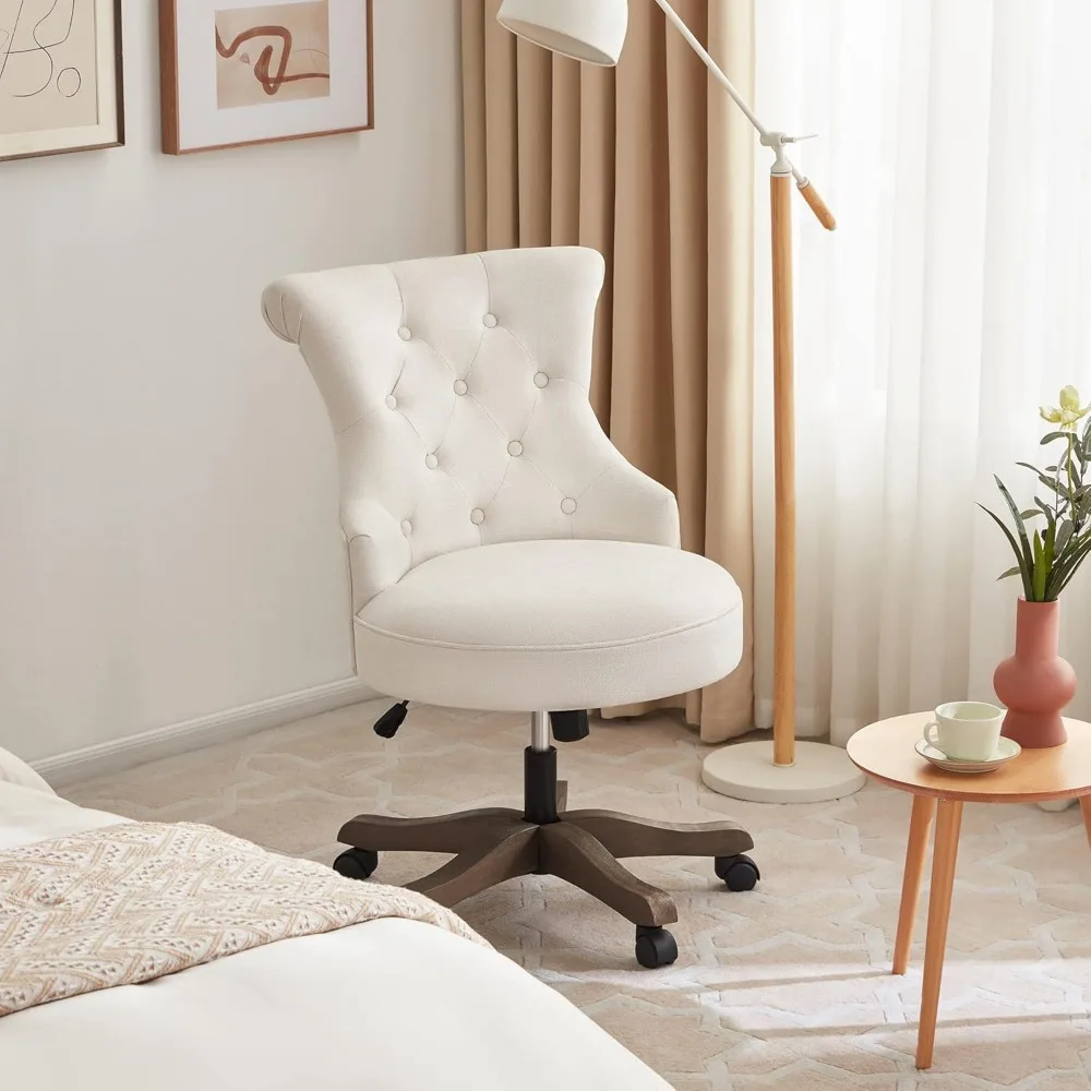 Home Office Chair Adjustable Height Swivel Chair with Wheels Linen Fabric Upholstered Computer Desk Chair with Wooden Legs 5