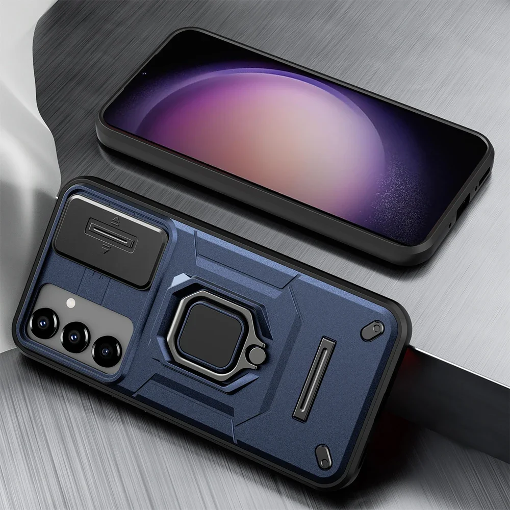 Case For Samsung S24 S23 Ultra Plus A54 A34 A14 4G 5G Slide Camera Ring Stand Armor Anti-fall Protection Kickstand_voghion.com