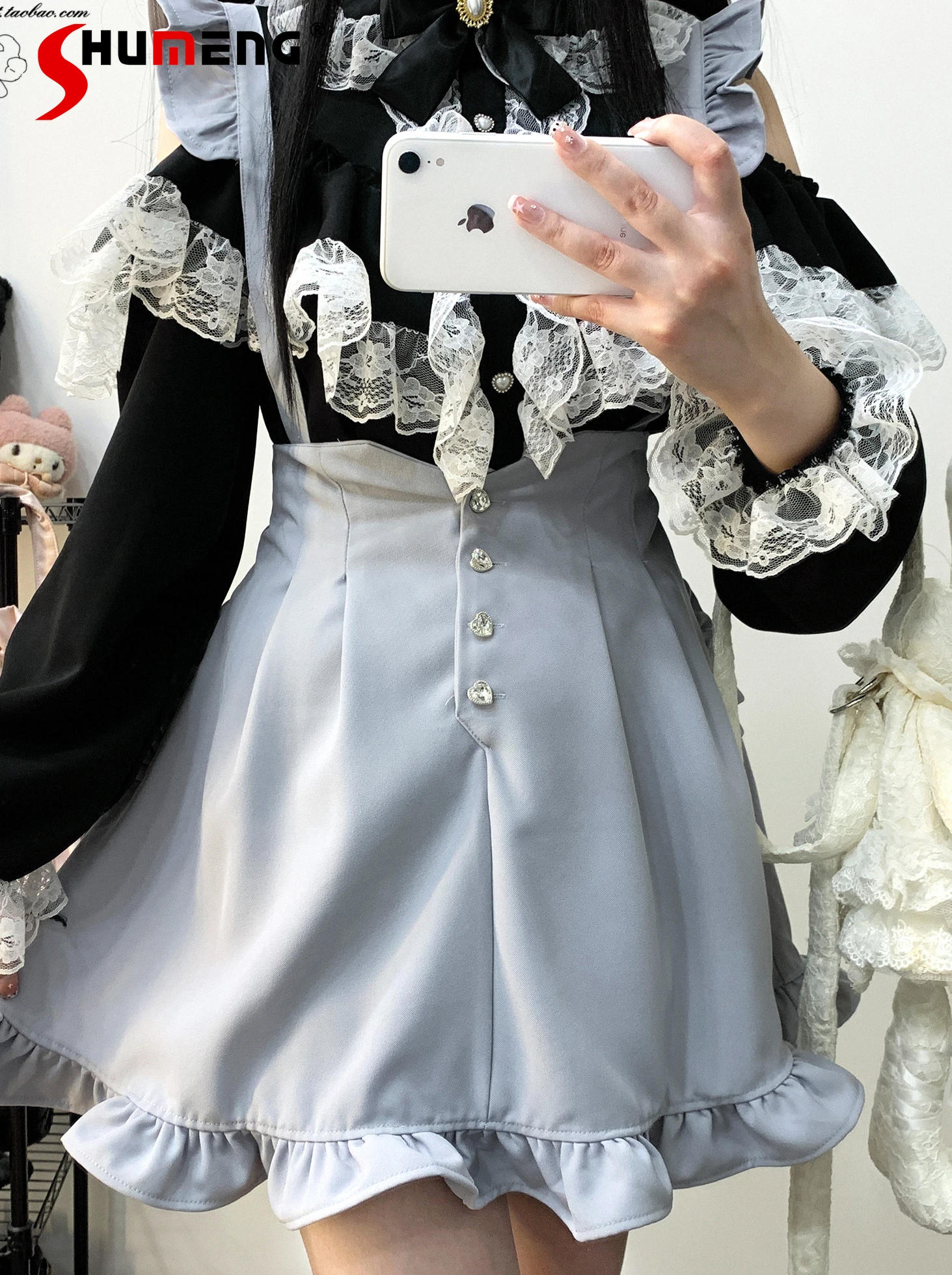Original Lolita Love Gem Wooden Ear Suspender Skirt 2023 Fall New Japanese Style Sweet Single-Breasted Short Sling Skirts Shorts