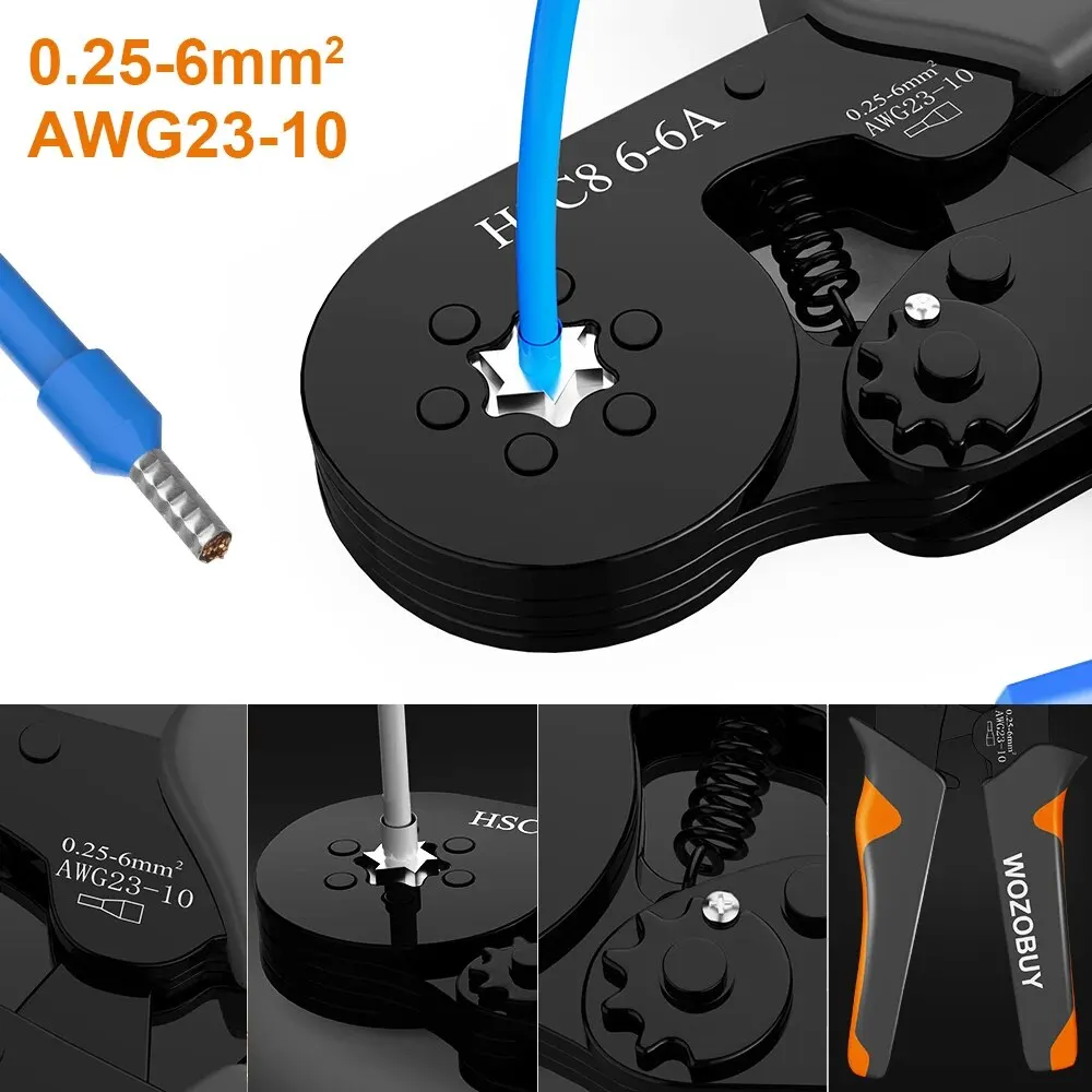 자체 조정 가능한 육각형 래칫 페룰 크림핑 도구 키트, 23-10AWG, 0.25-6 mm² 크림퍼 키트, 400-2000 개 와이어 터미널 포함