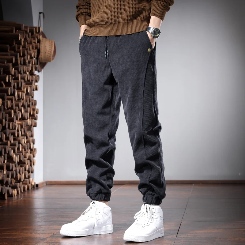 Autumn Men's Loose Corduroy Pants Casual Korean Style Black Gray Elastic Waist Joggers Trousers